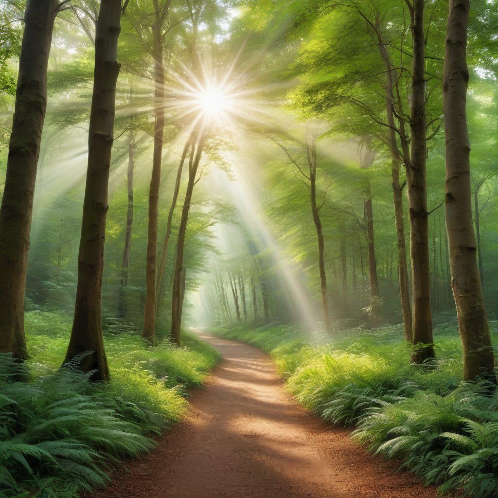 A serene path through a lush green forest symbolizing the journey from diagnosis to remission, with soft rays of sunlight breaking through the tree canopy. Along the path, visible milestones are marked with informative signs, while a diverse group of patients walks together, exchanging supportive gestures and smiles. Include calming colors and a hopeful atmosphere, capturing the essence of healing and community. super-realistic. vibrant colors. white background.
