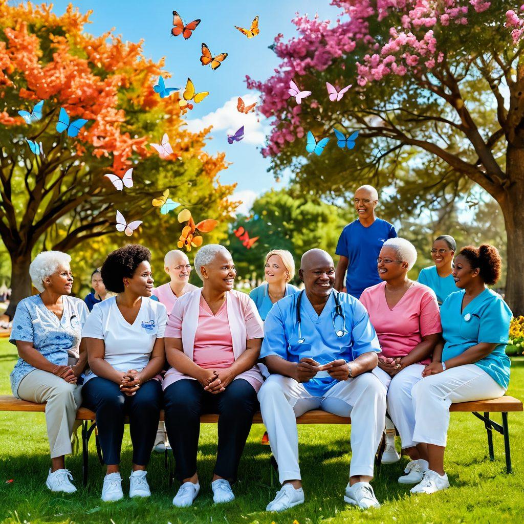 A diverse group of cancer patients and survivors sharing knowledge in a serene park setting, surrounded by symbols of awareness like ribbons and butterflies. Above them, a bright sky filled with hope and resilience. Elements of research like lab equipment subtly placed in the background to signify support and progress. Illustrate unity and empowerment through vibrant colors and emotional expressions. super-realistic. vibrant colors. cheerful atmosphere.