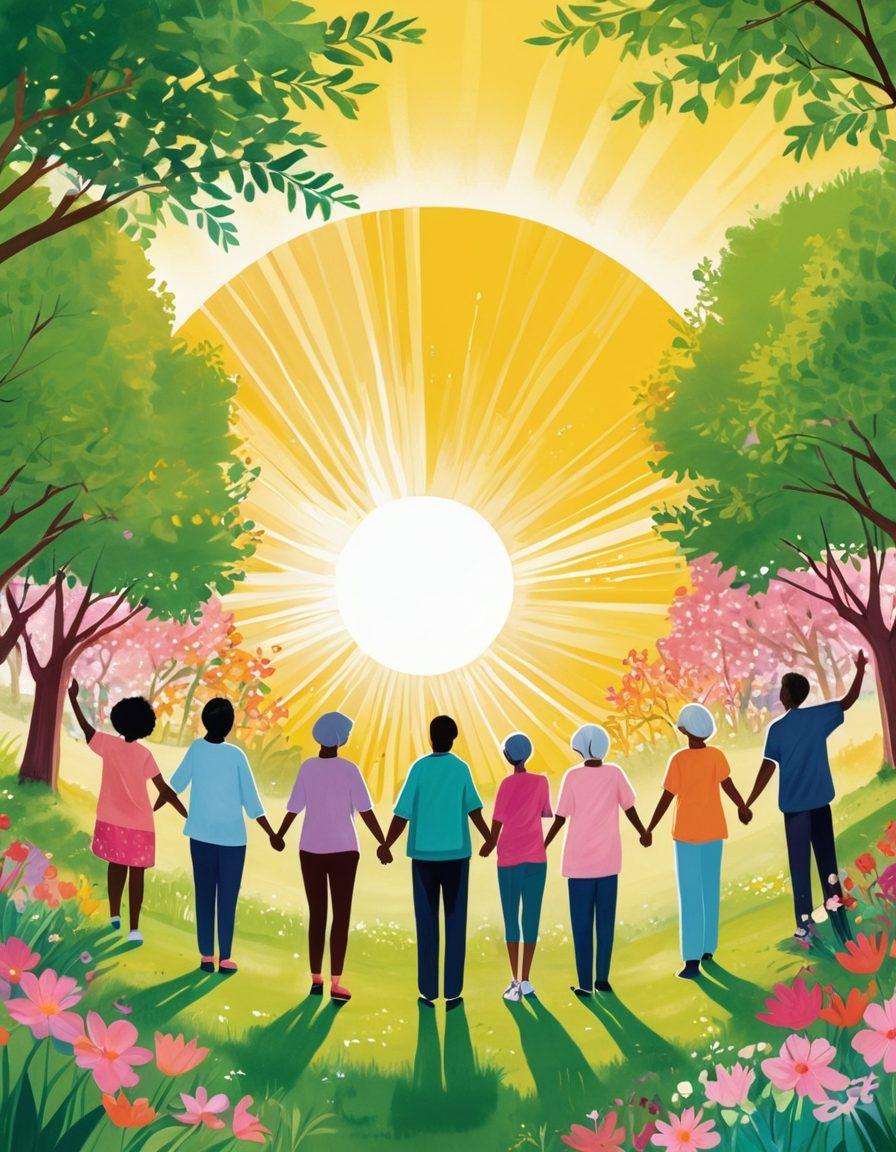 A vibrant illustration of a diverse group of people standing together, forming a circle in a lush green park, symbolizing unity and support in cancer care. Each individual represents different ages and ethnicities and holds hands, with a backdrop of blooming flowers and a bright sun shining down. In the foreground, a ribbon symbolizing cancer awareness flows through the group, integrating themes of advocacy and community. soft focus. vibrant colors. painting.